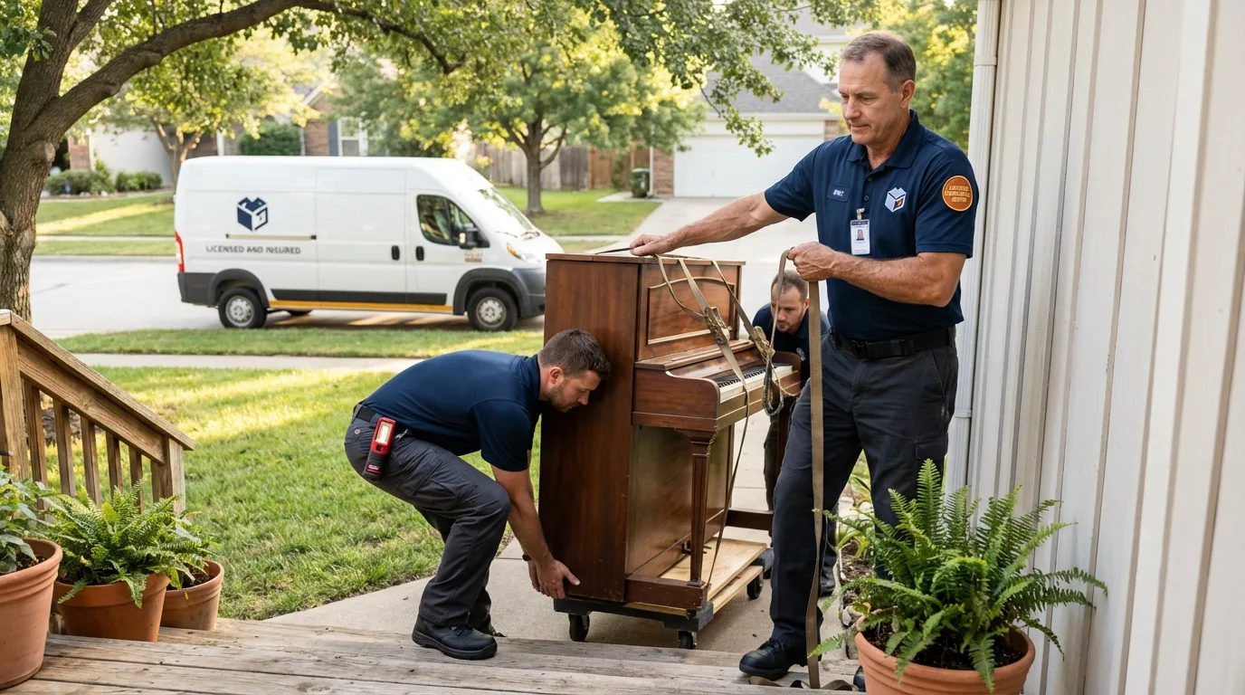 Licensed piano movers securing grand piano in Benton, KY