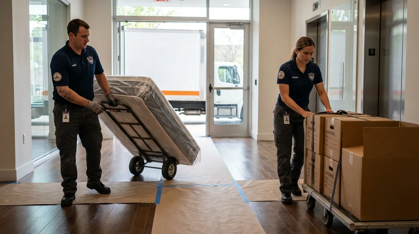 Professional apartment movers loading elevator in Benton, KY